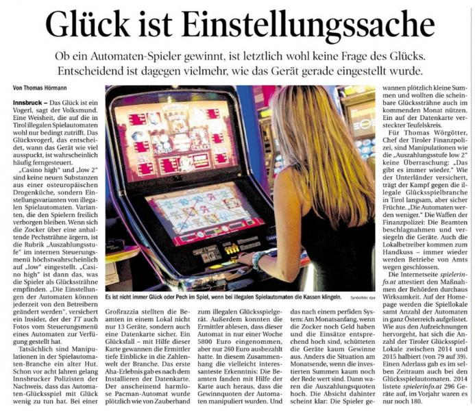 Die Tiroler Tageszeitung berichtet über verhängnisvolle Manipulationen an illegalen Glücksspielgeräten. © Tiroler Tageszeitung